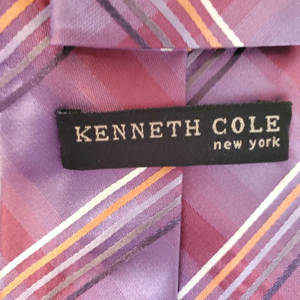 Kenneth Cole New York Mens Silk Tie Purple Burgundy Striped Plaid Hand Made 4in
